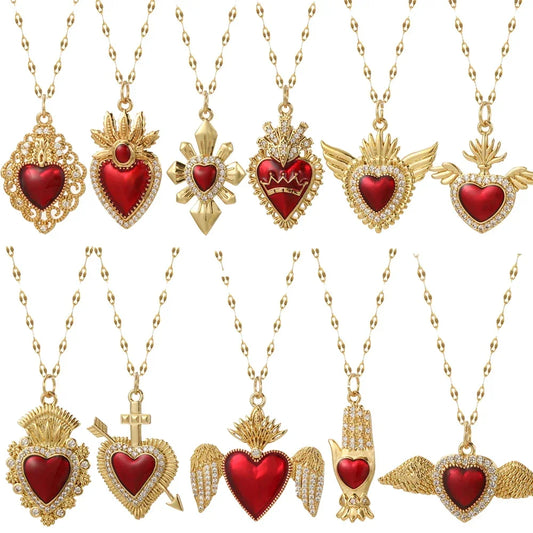 RED HEART Pendant Necklace 18K Gold Plated S.Steel