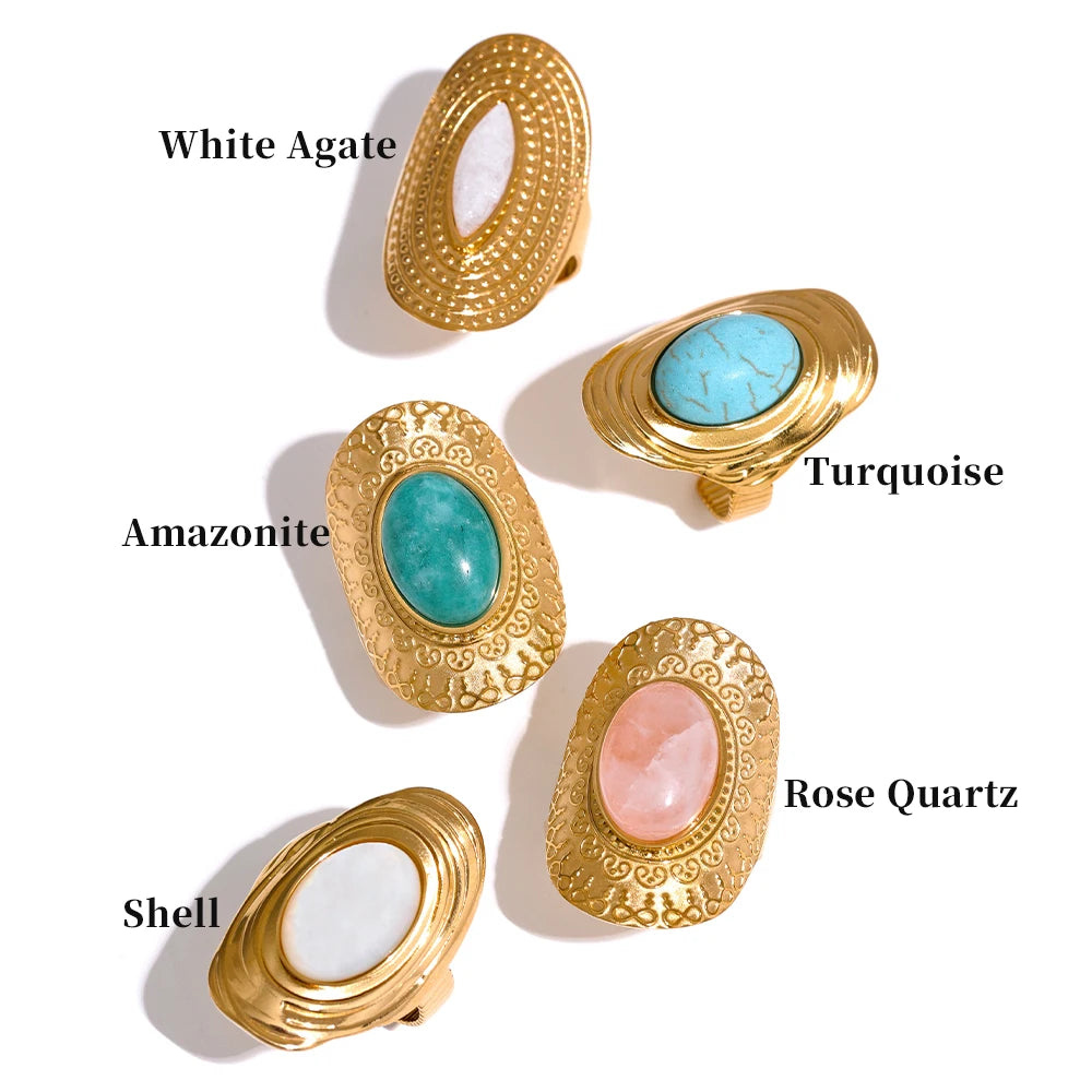 LOTTIE Natural Stone Open Ring 18K Gold Plated Stainless Steel